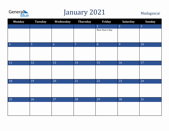 January 2021 Madagascar Calendar (Monday Start)