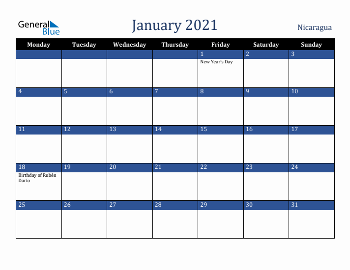January 2021 Nicaragua Calendar (Monday Start)