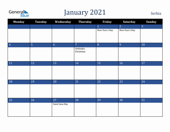 January 2021 Serbia Calendar (Monday Start)