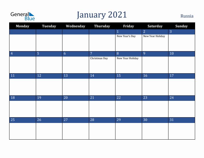 January 2021 Russia Calendar (Monday Start)