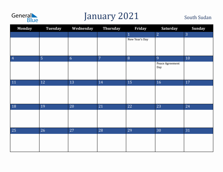 January 2021 South Sudan Calendar (Monday Start)