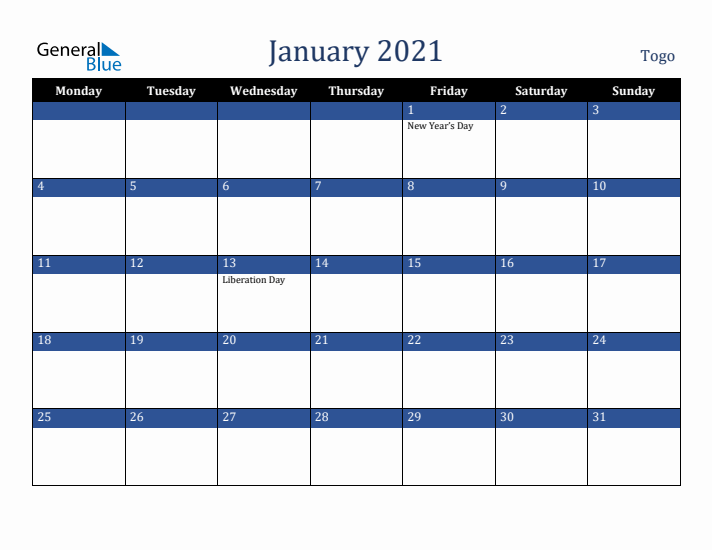 January 2021 Togo Calendar (Monday Start)