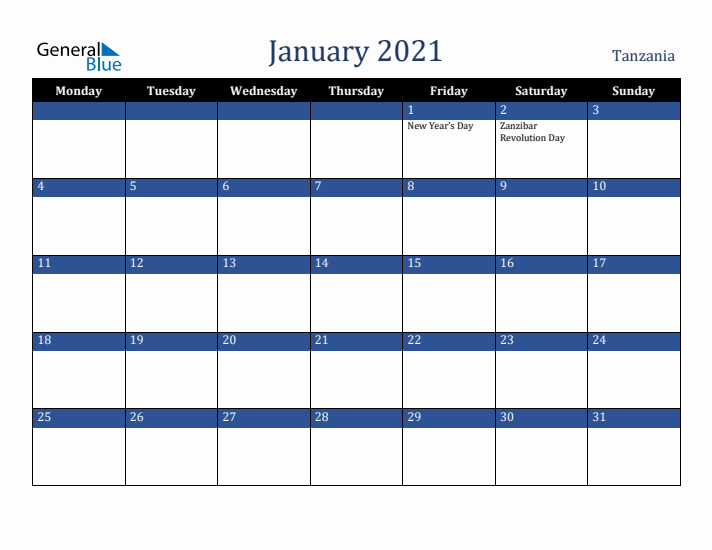 January 2021 Tanzania Calendar (Monday Start)
