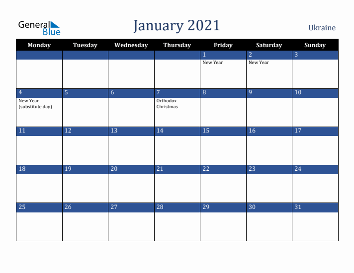 January 2021 Ukraine Calendar (Monday Start)