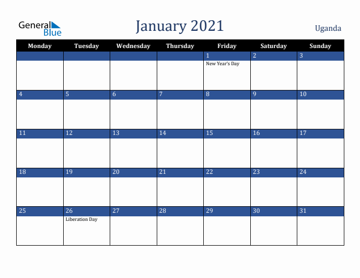 January 2021 Uganda Calendar (Monday Start)
