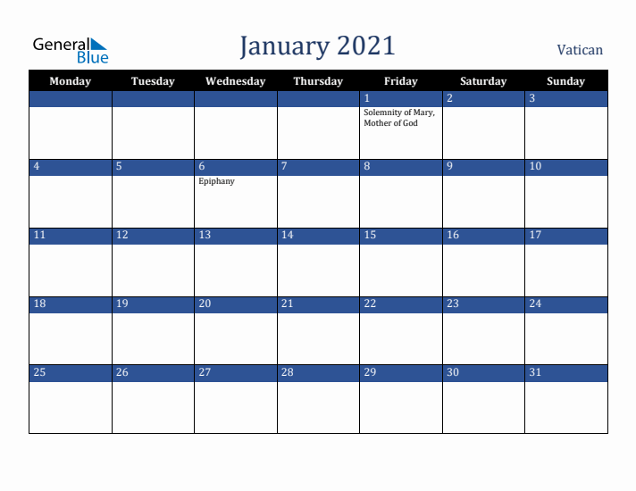 January 2021 Vatican Calendar (Monday Start)