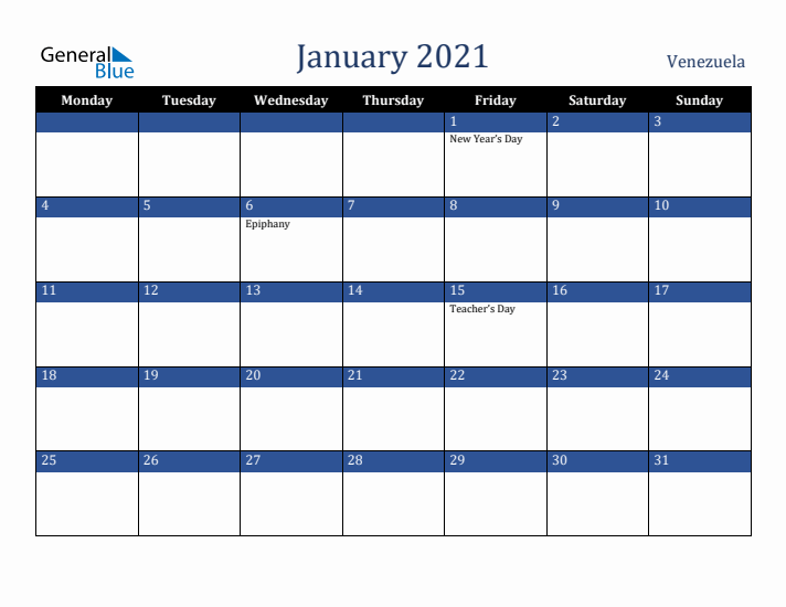 January 2021 Venezuela Calendar (Monday Start)