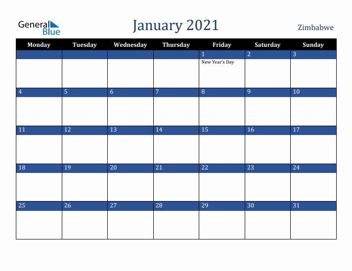 January 2021 Zimbabwe Calendar (Monday Start)