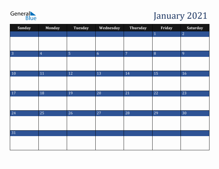 Sunday Start Calendar for January 2021