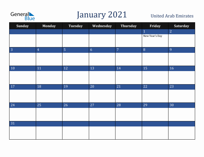 January 2021 United Arab Emirates Calendar (Sunday Start)