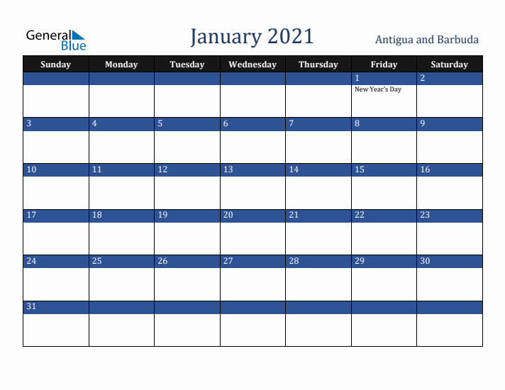 January 2021 Antigua and Barbuda Calendar (Sunday Start)