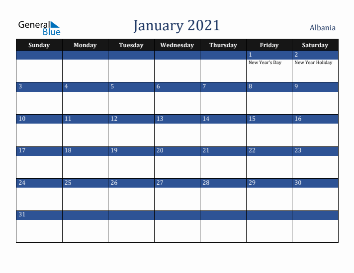 January 2021 Albania Calendar (Sunday Start)