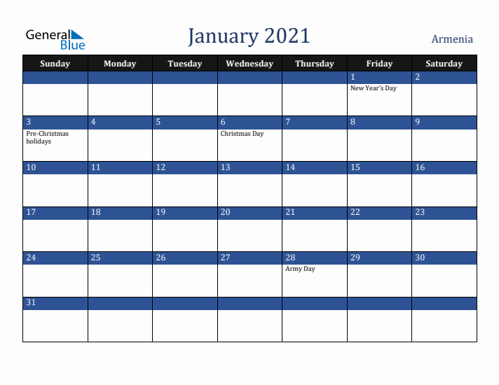 January 2021 Armenia Calendar (Sunday Start)