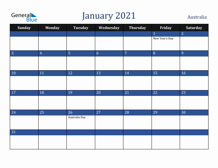 January 2021 Australia Calendar (Sunday Start)
