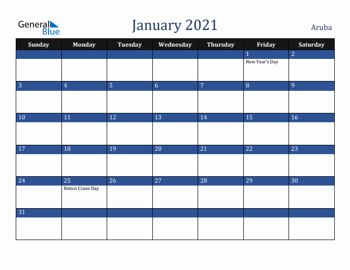 January 2021 Aruba Calendar (Sunday Start)