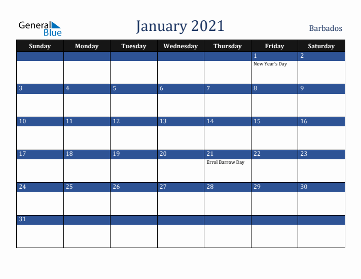 January 2021 Barbados Calendar (Sunday Start)