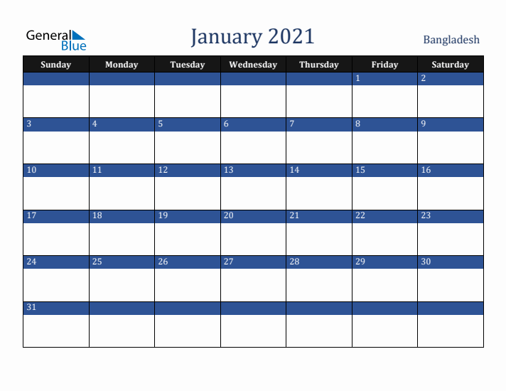 January 2021 Bangladesh Calendar (Sunday Start)