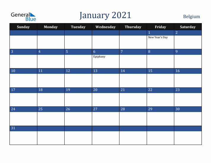 January 2021 Belgium Calendar (Sunday Start)