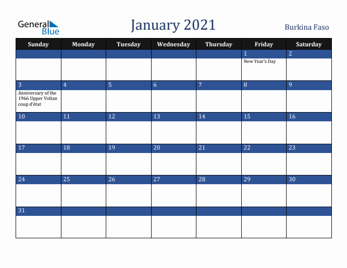 January 2021 Burkina Faso Calendar (Sunday Start)