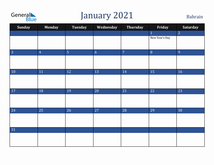 January 2021 Bahrain Calendar (Sunday Start)