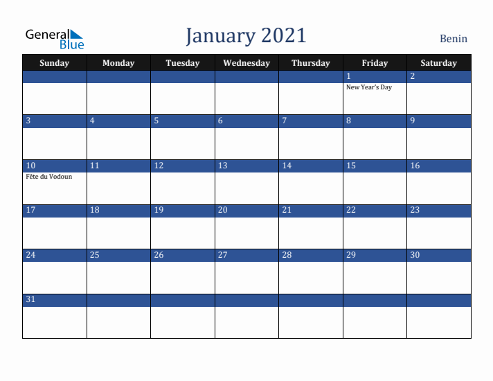 January 2021 Benin Calendar (Sunday Start)