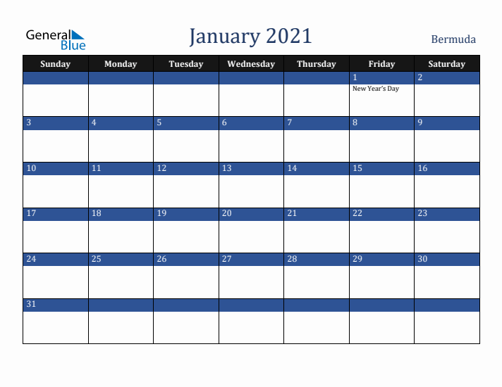 January 2021 Bermuda Calendar (Sunday Start)