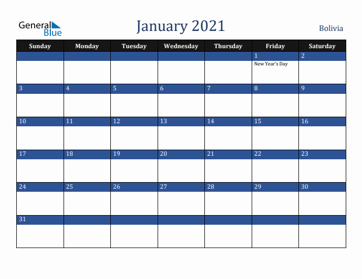 January 2021 Bolivia Calendar (Sunday Start)
