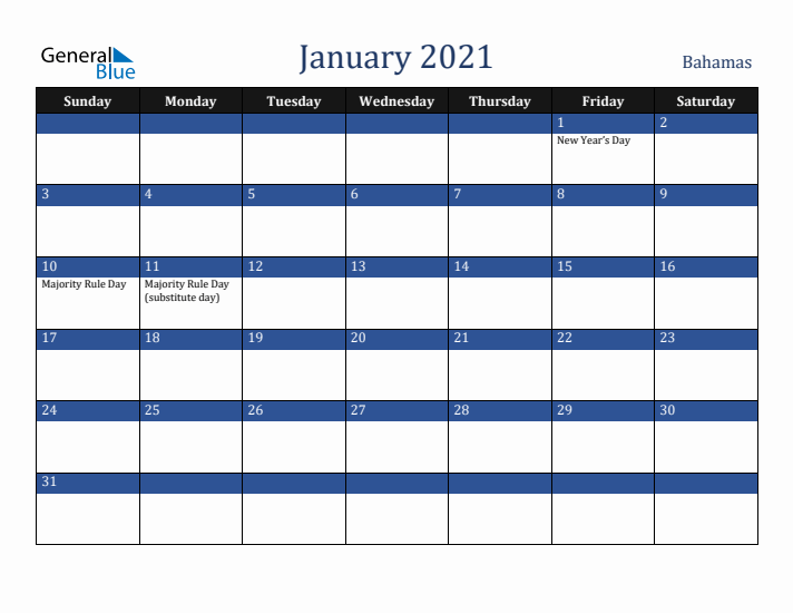 January 2021 Bahamas Calendar (Sunday Start)
