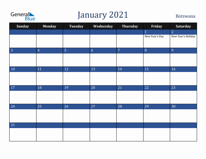 January 2021 Botswana Calendar (Sunday Start)