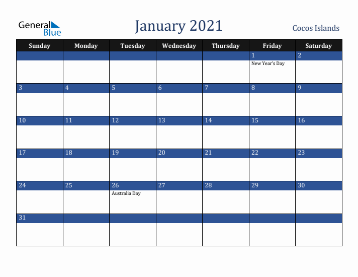 January 2021 Cocos Islands Calendar (Sunday Start)