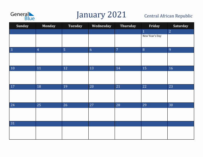 January 2021 Central African Republic Calendar (Sunday Start)