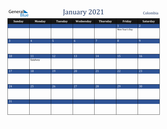 January 2021 Colombia Calendar (Sunday Start)
