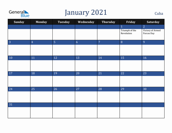 January 2021 Cuba Calendar (Sunday Start)