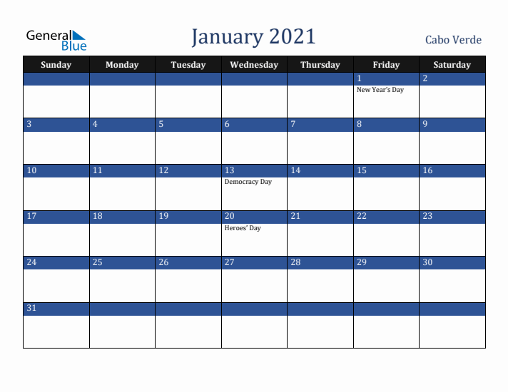 January 2021 Cabo Verde Calendar (Sunday Start)