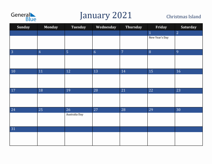 January 2021 Christmas Island Calendar (Sunday Start)