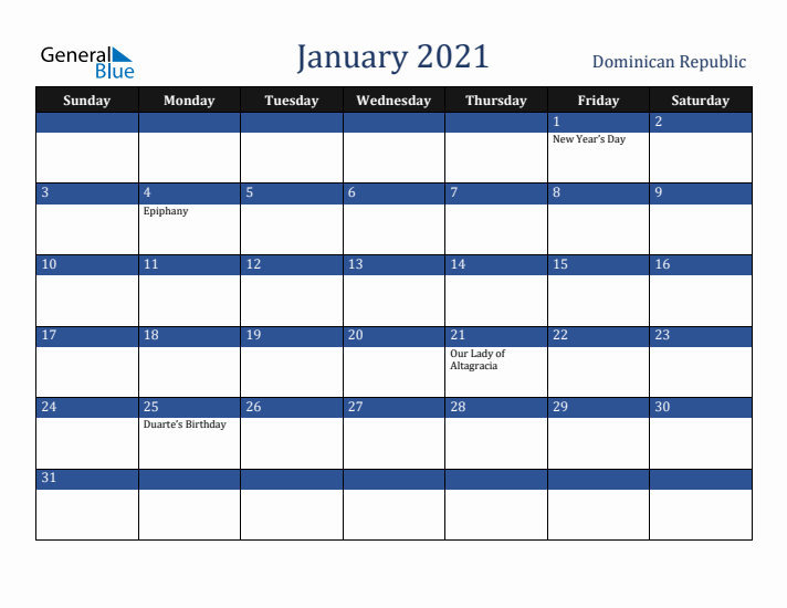 January 2021 Dominican Republic Calendar (Sunday Start)