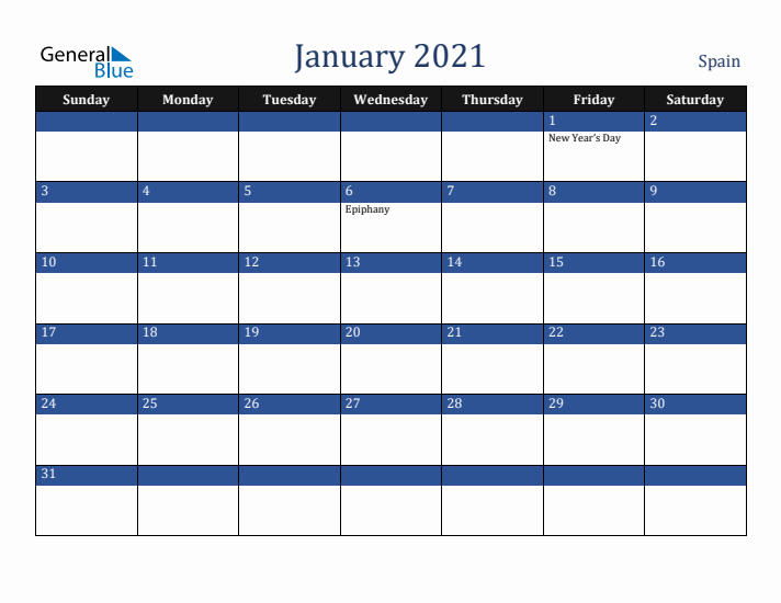 January 2021 Spain Calendar (Sunday Start)