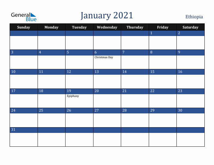 January 2021 Ethiopia Calendar (Sunday Start)
