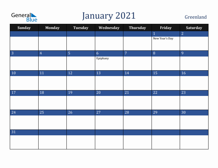 January 2021 Greenland Calendar (Sunday Start)
