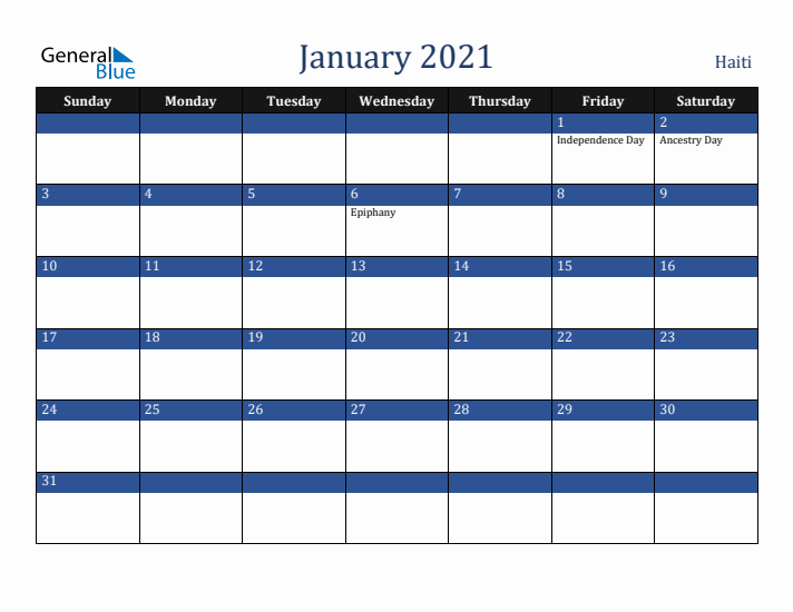 January 2021 Haiti Calendar (Sunday Start)