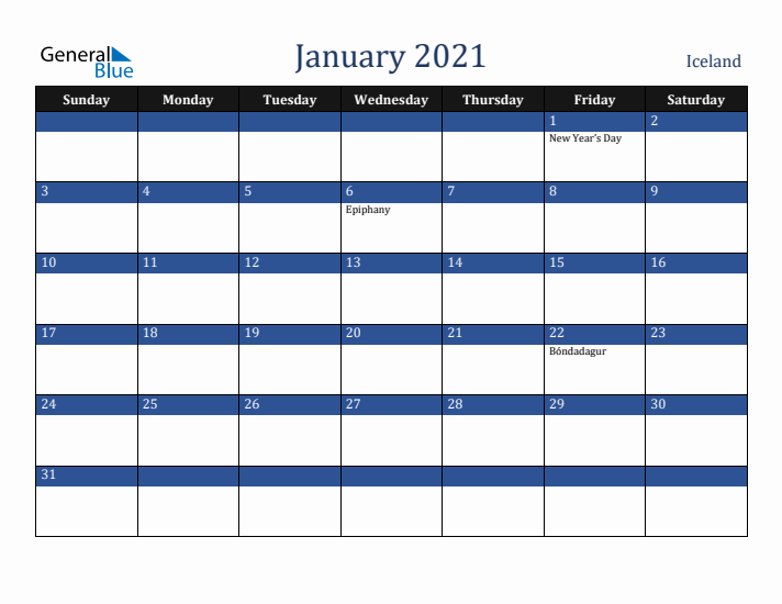 January 2021 Iceland Calendar (Sunday Start)