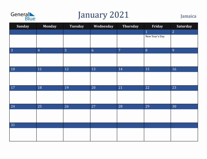 January 2021 Jamaica Calendar (Sunday Start)