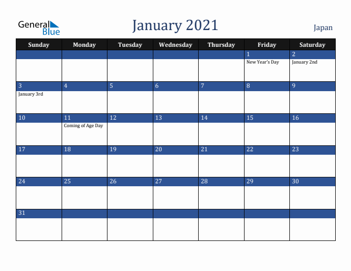 January 2021 Japan Calendar (Sunday Start)