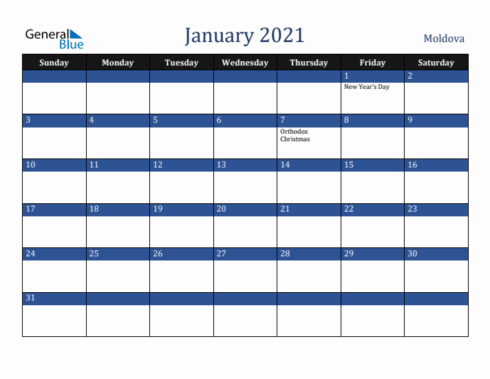 January 2021 Moldova Calendar (Sunday Start)