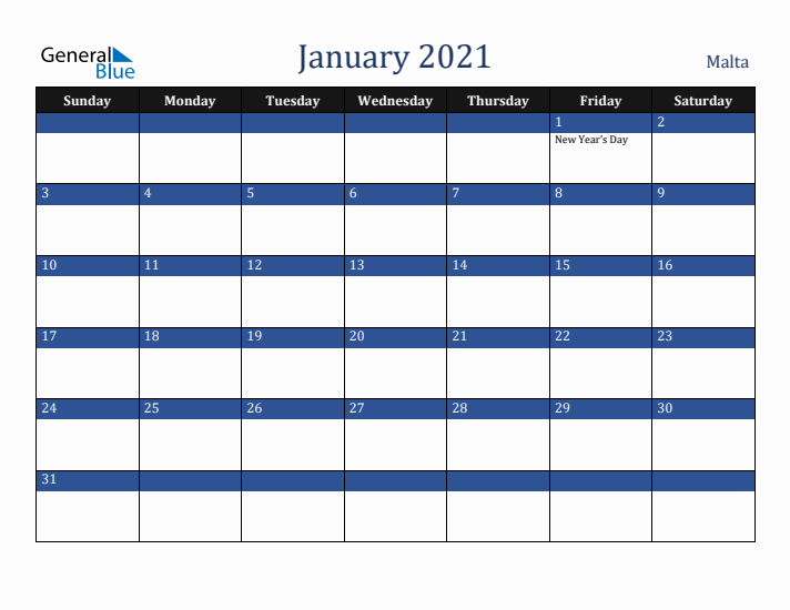 January 2021 Malta Calendar (Sunday Start)