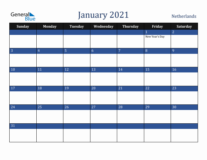 January 2021 The Netherlands Calendar (Sunday Start)