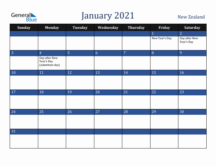 January 2021 New Zealand Calendar (Sunday Start)
