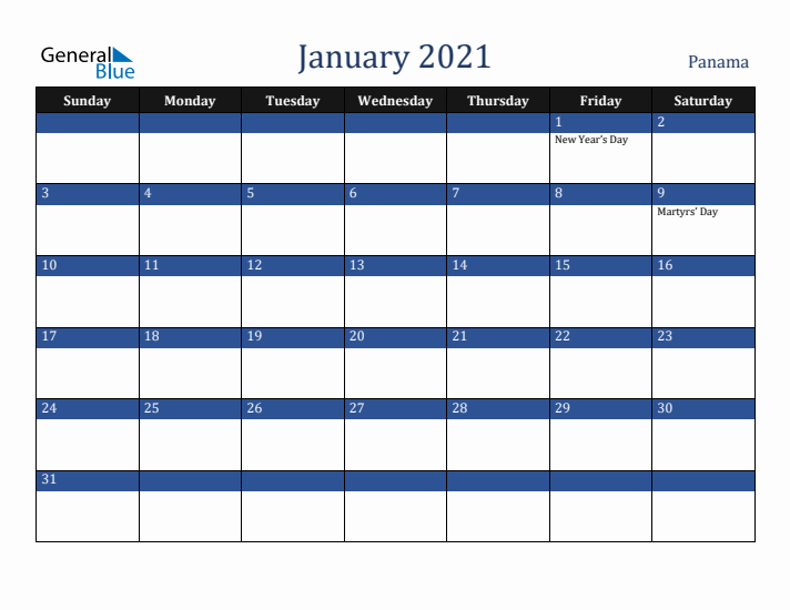 January 2021 Panama Calendar (Sunday Start)