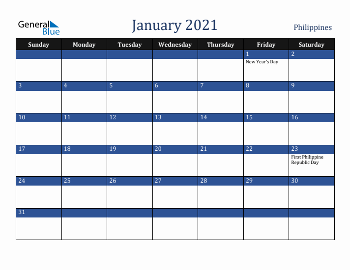 January 2021 Philippines Calendar (Sunday Start)