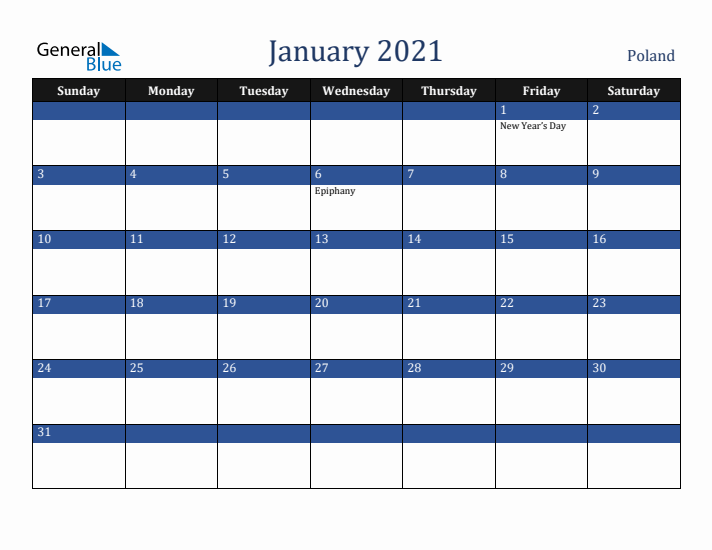 January 2021 Poland Calendar (Sunday Start)